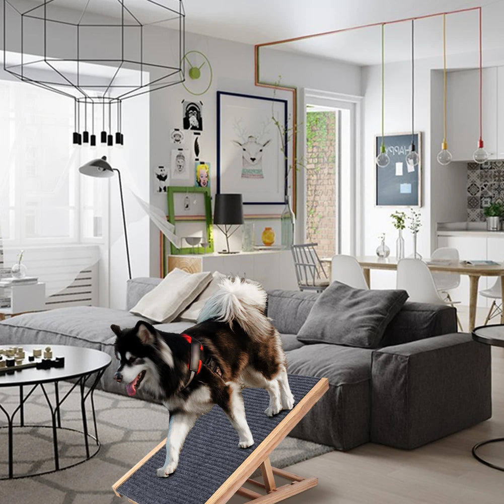 Dog Wooden Ramp with Adjustable Height. Folding Portable Ramp with Anti-Skid and Wear-Resistant Horizontal Slope Surface