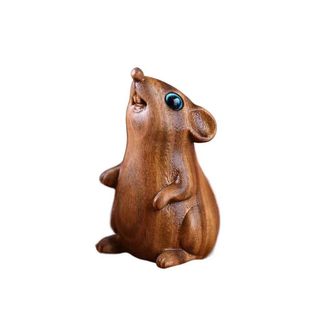 Wood Carved Zodiac Mouse Statuette. Cute Decorative Hamster Statue