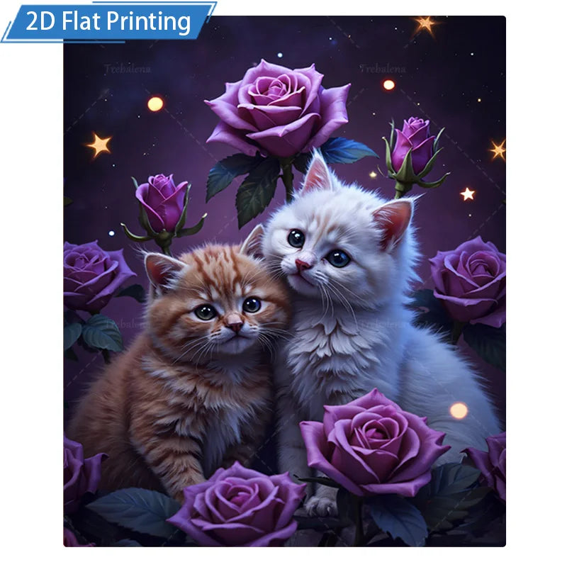 1pc Flannel Blanket with Cute Cats and Purple Roses over a Night Sky. Cozy Soft Bed Throw Cover for Home Decor