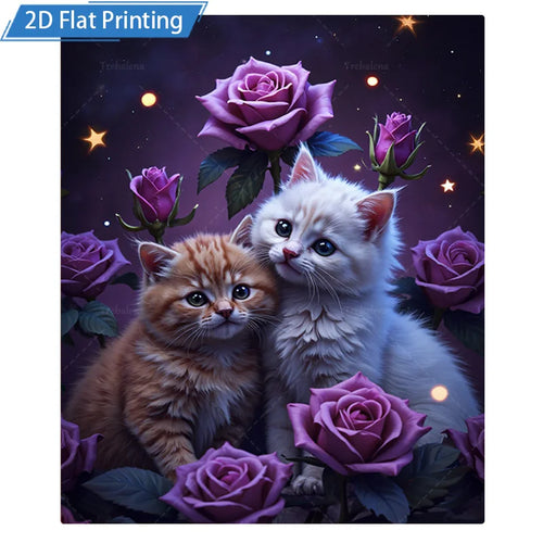 1pc Flannel Blanket with Cute Cats and Purple Roses over a Night Sky. Cozy Soft Bed Throw Cover for Home Decor