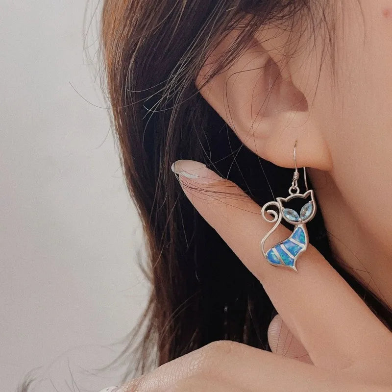 Silver and Blue Opal Cat Stud Earrings