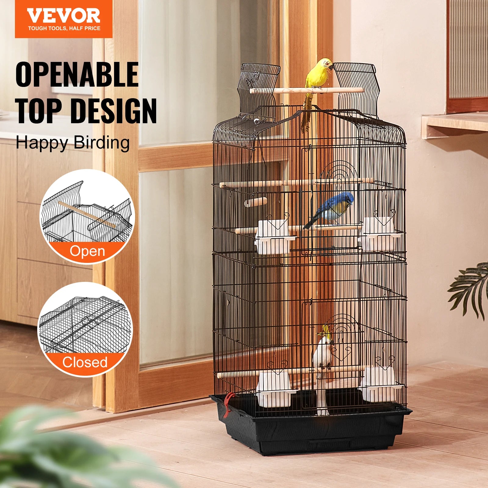 Open Top Large Bird Cage with Swing and Perch