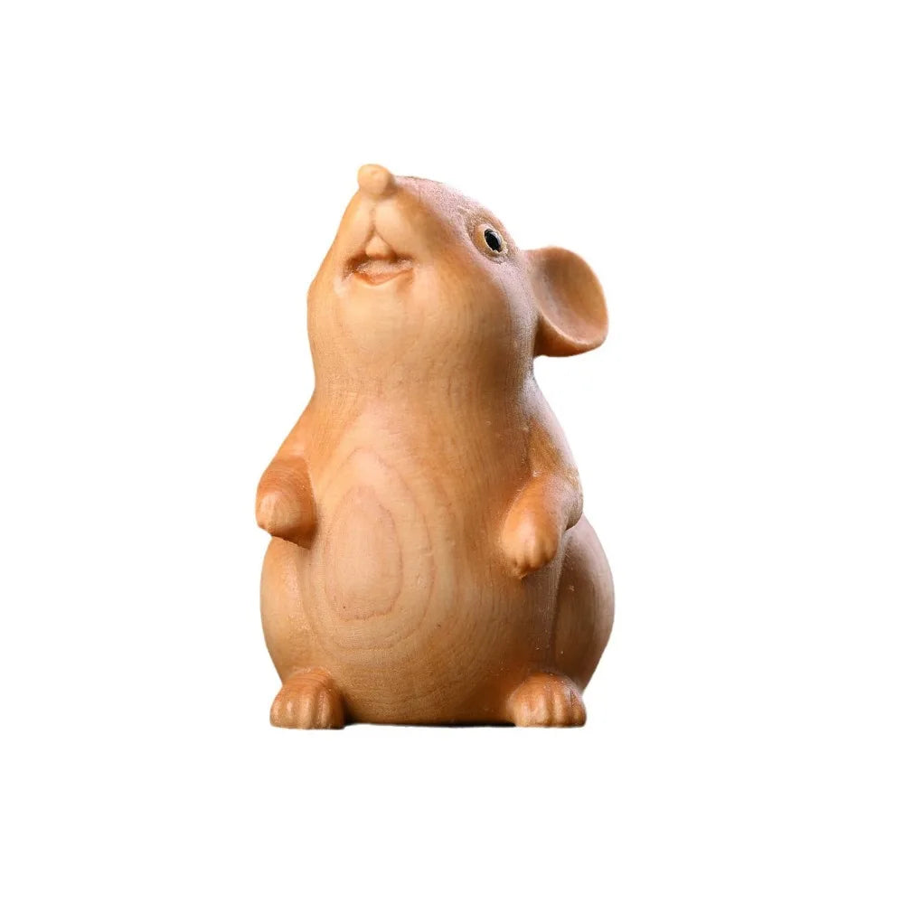 Wood Carved Zodiac Mouse Statuette. Cute Decorative Hamster Statue