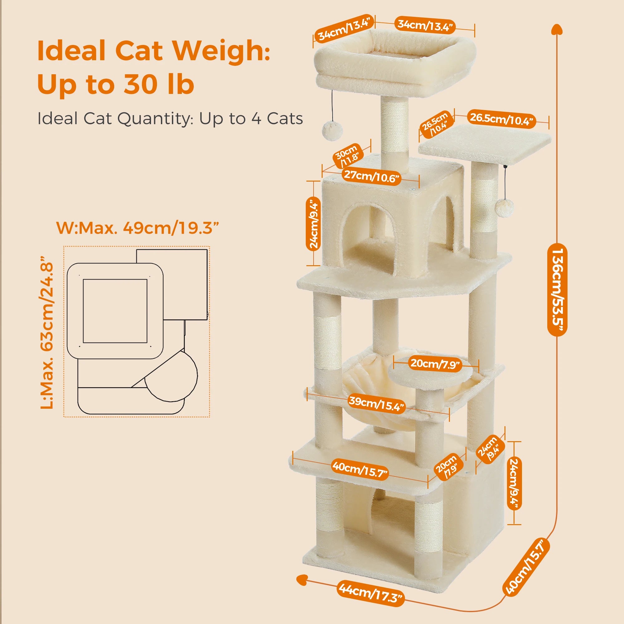6-levels Cat Tree Tower with Joyful Pompom, Cozy Hammock, Double Condos, 2 Top Perches, 5 Scratching Posts. Perfect for Indoor Cats