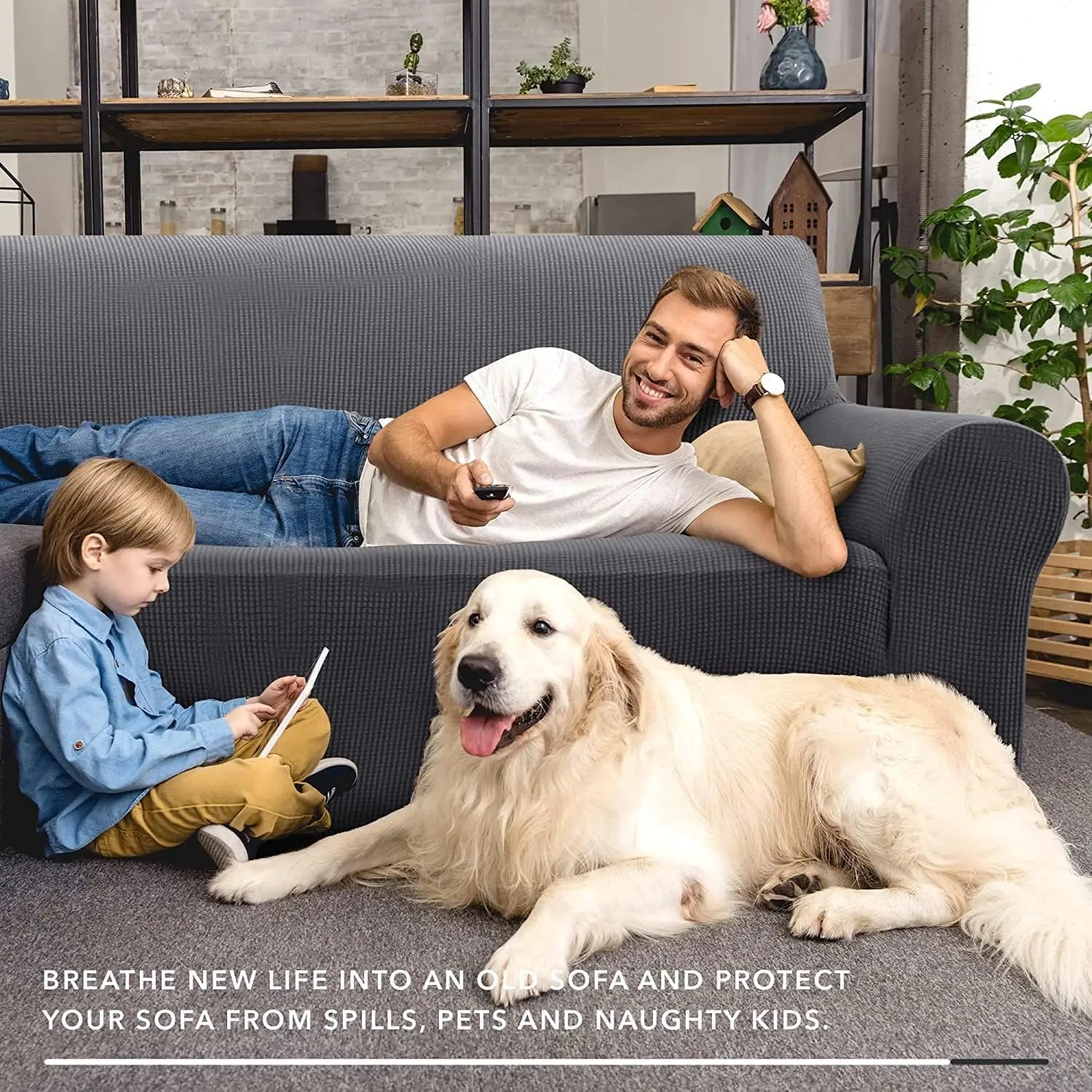 Jacquard Stretch Couch Cover. Universal Sofa Covers to help protect your couch from Dogs and Cats. Pets Friendly and Washable Furniture Protector. Fitted Sofa Slipcovers