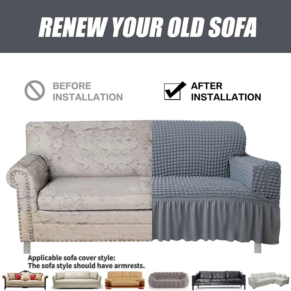 High Elastic Bubble Grid Sofa Cover. 1/2/3/4 With Skirt Hem. Universal Stretch Couch Protector For Home Living Room. Pet Anti Dirt