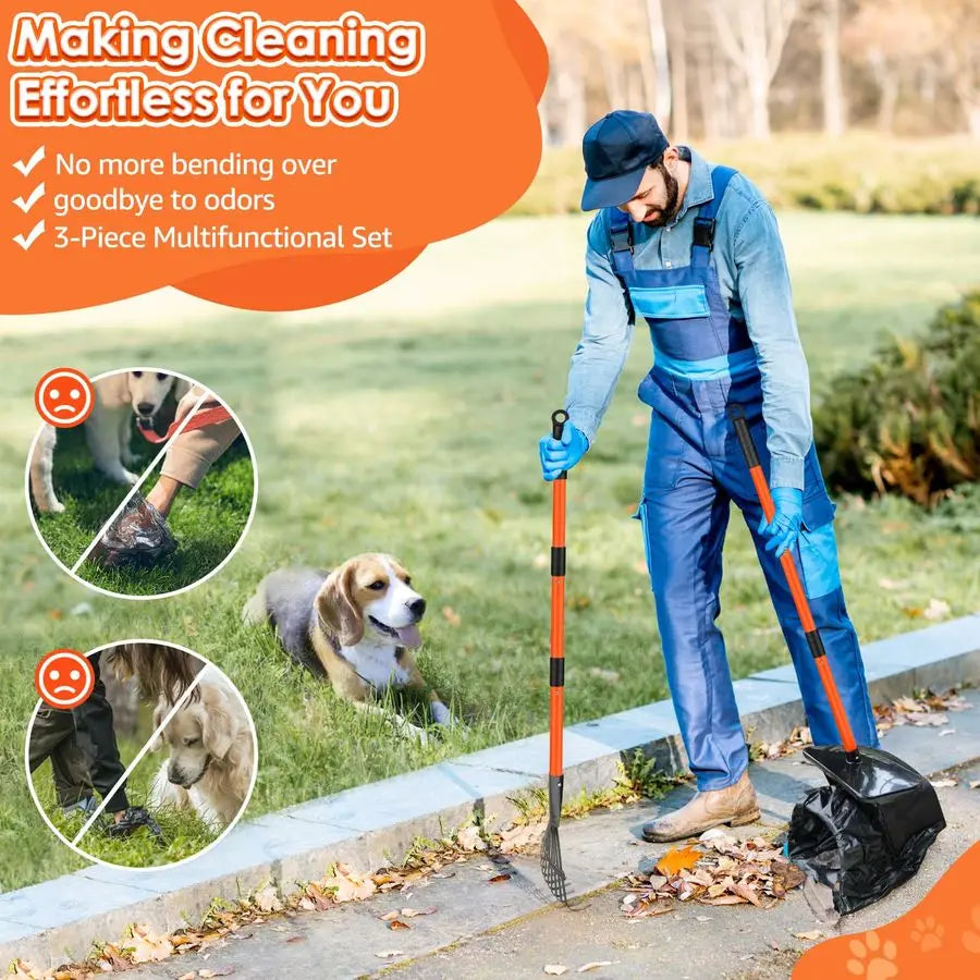 Dog Pooper Scooper with Adjustable Handle Metal Swivel Bin, Rake and Spade Kit with 20 Waste Bags