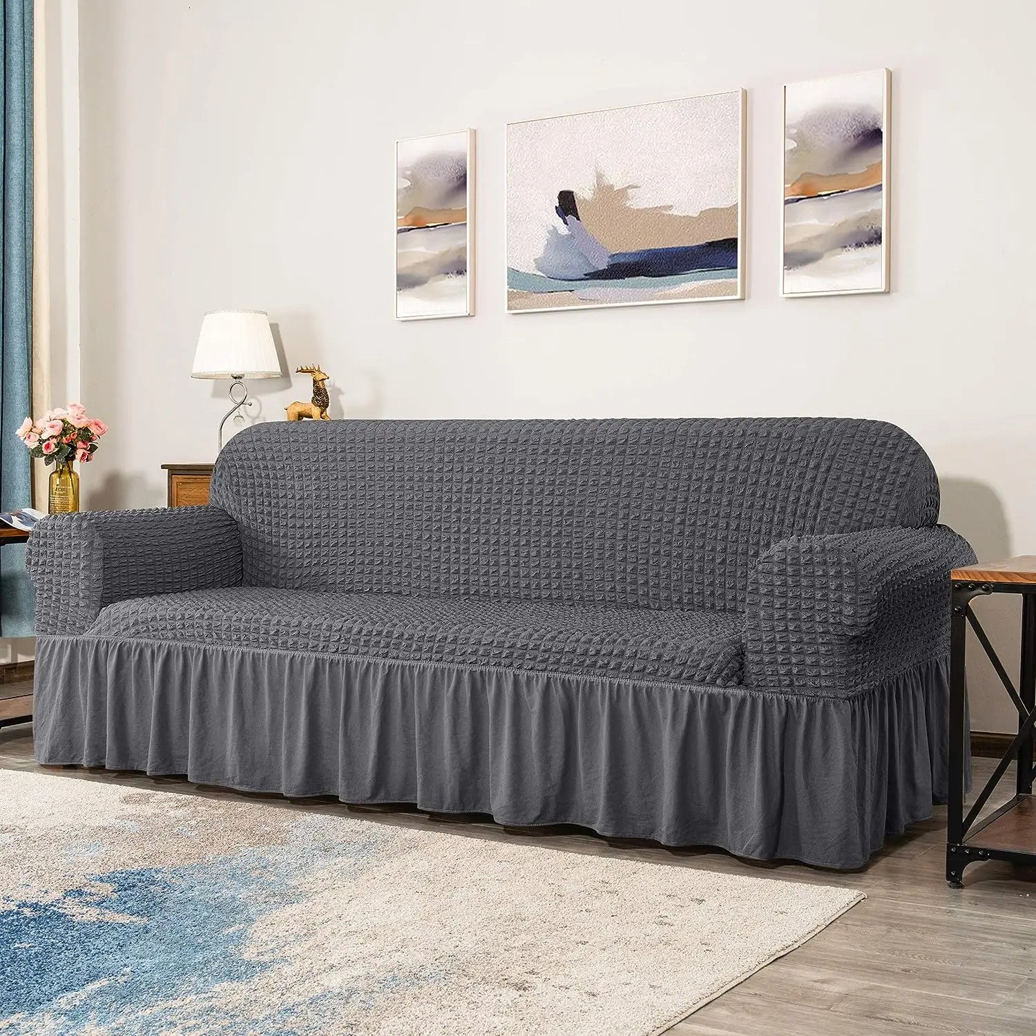 High Elastic Bubble Grid Sofa Cover. 1/2/3/4 With Skirt Hem. Universal Stretch Couch Protector For Home Living Room. Pet Anti Dirt