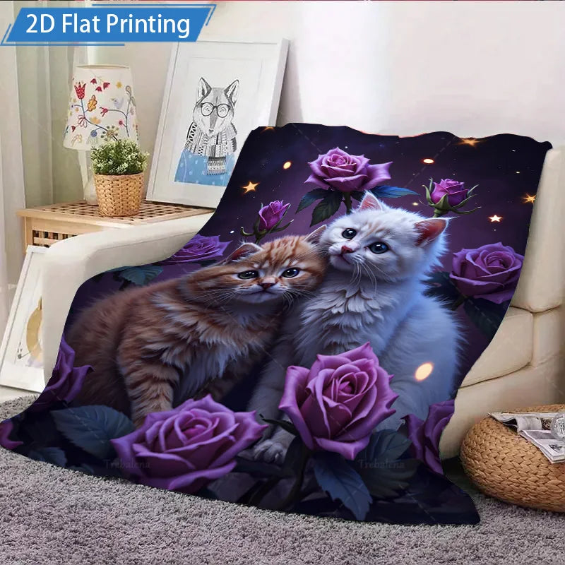 1pc Flannel Blanket with Cute Cats and Purple Roses over a Night Sky. Cozy Soft Bed Throw Cover for Home Decor
