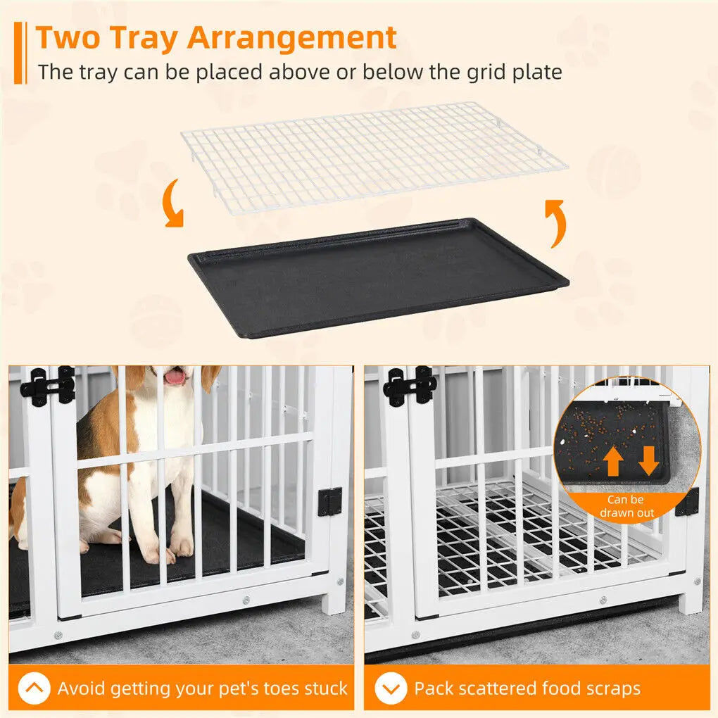 Heavy Duty Metal Wooden Dog Crate End Table with Three Doors and Removable Tray