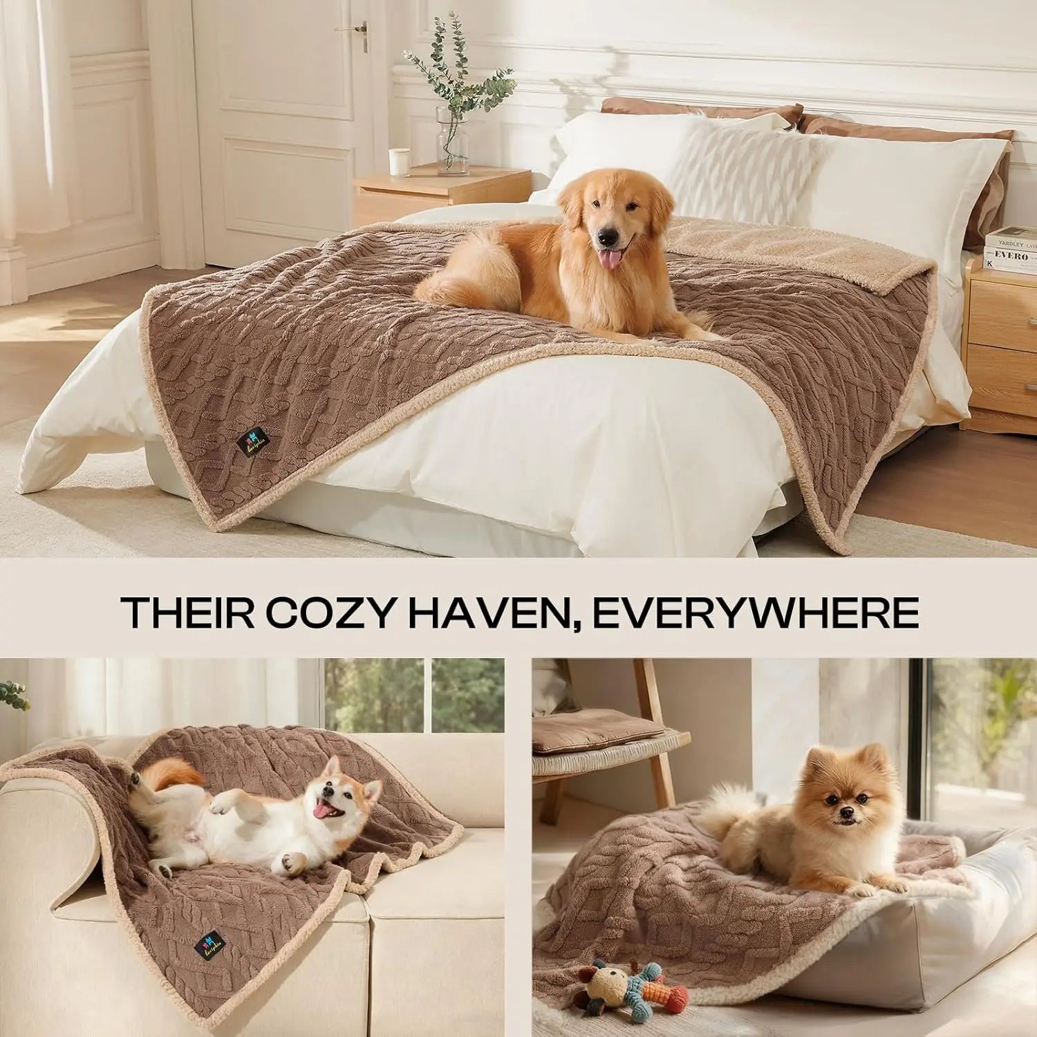 Waterproof Pet Blanket for Sofa, Bed, Reversible Sherpa Fleece Furniture Protector for Dogs and Cats. Khaki Queen Size (90" x 82")