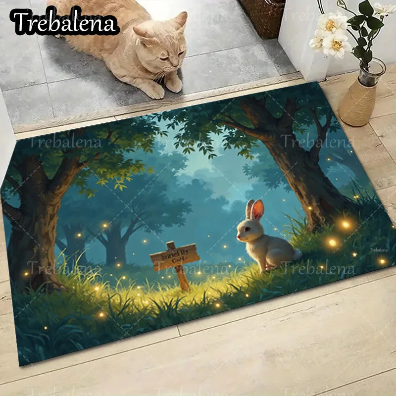 1pc Welcome Door Mat with Enchanted Forest and a Rabbit. Welcome Mat For Home Decor
