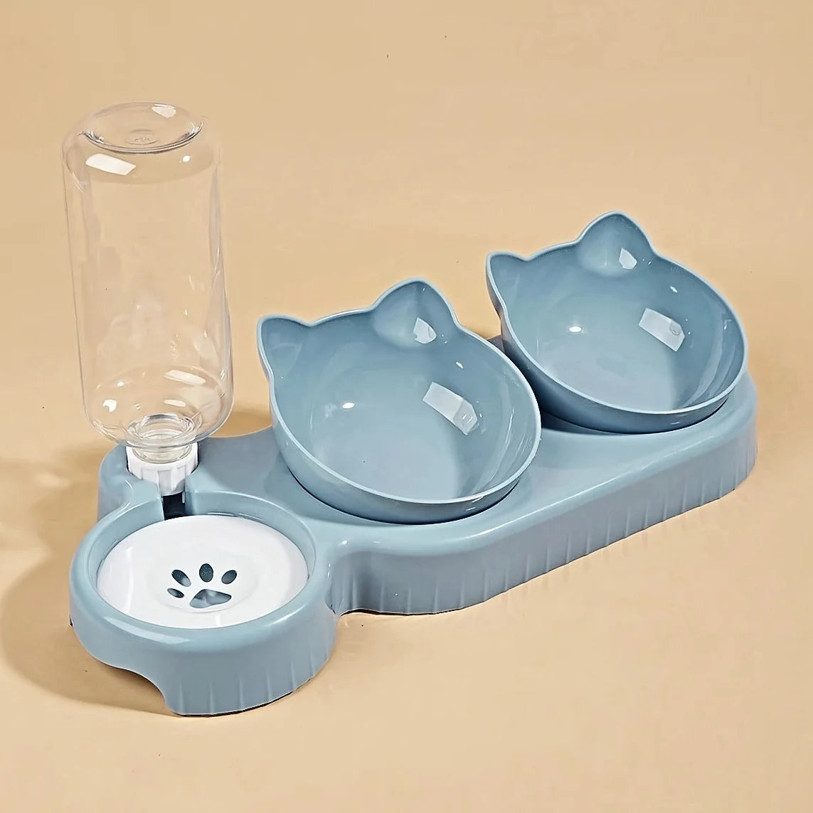3 In 1 Ear Design Tilted Cat Water And Food Bowl Set With Gravity Water Bottle For Neck Protection