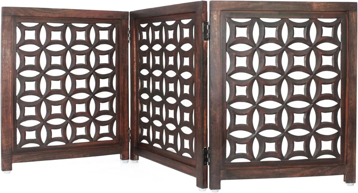 Foldable Wooden Pet Gate - 3 Panels, 20"Wx24"H, Solid Wood & MDF, Antique Brown, Fully Assembled for Indoor Use