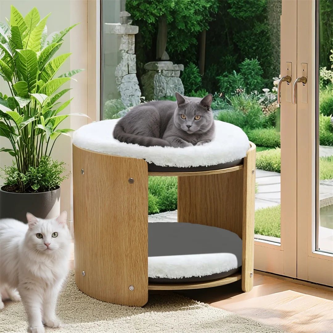 2-Layer Wood Cat Sofa. Double Cat Tower, Pet Bed Furniture with Removable Washable Thicker Soft Plush Mats