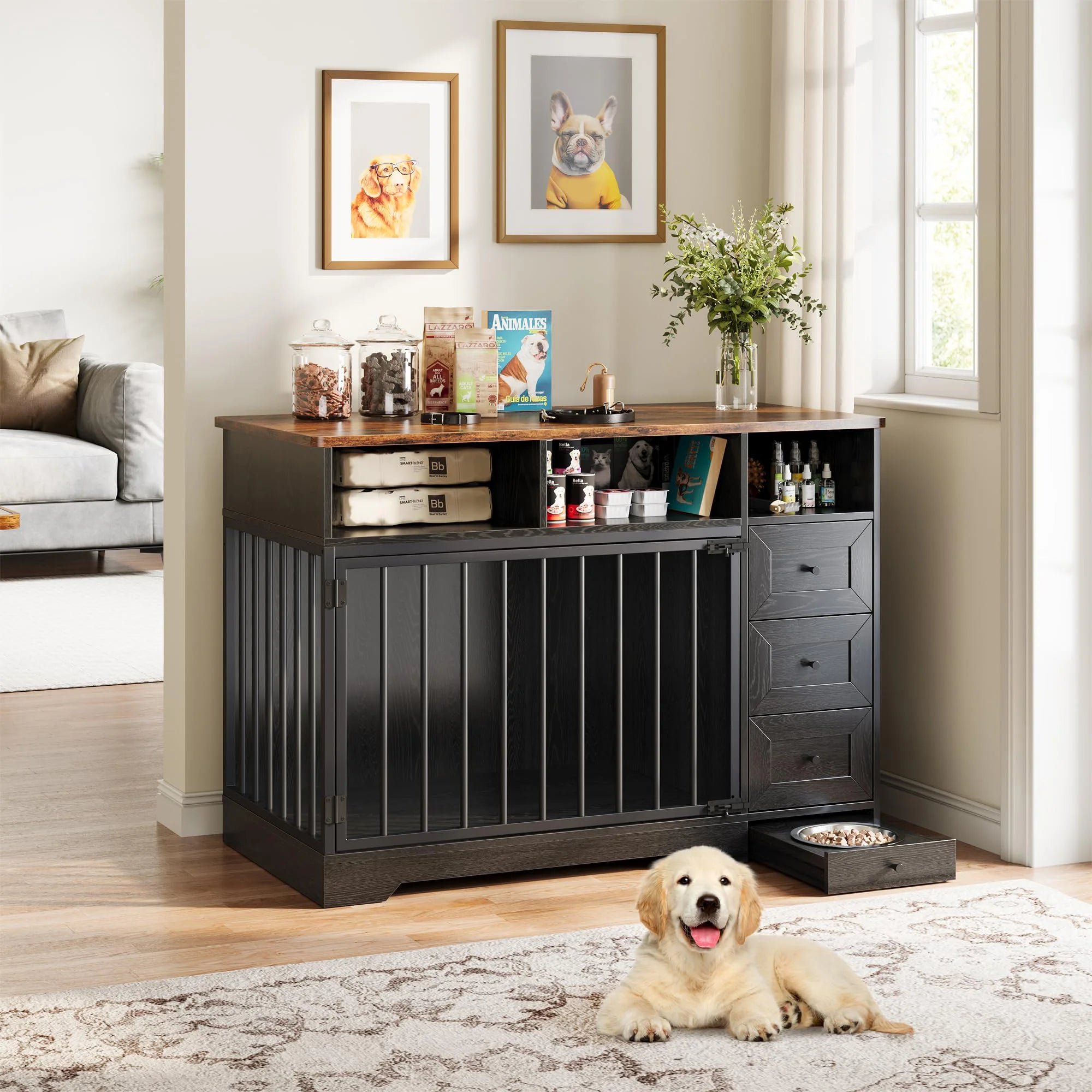 48 Inch Large Farmhouse Wooden Dog Crate Furniture With 6 Storage Drawers