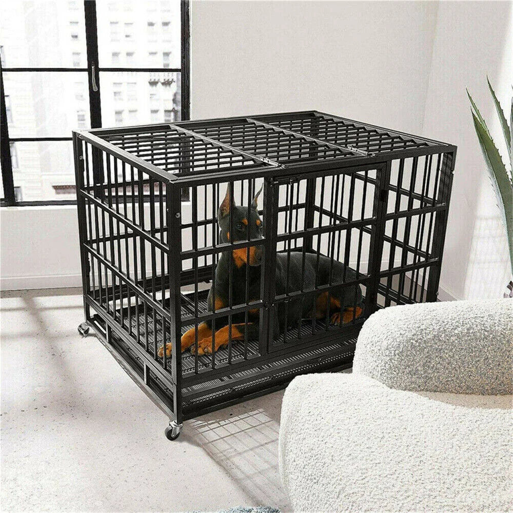 XXL Large Heavy Duty Dog Crate with Lockable Wheels and Tray
