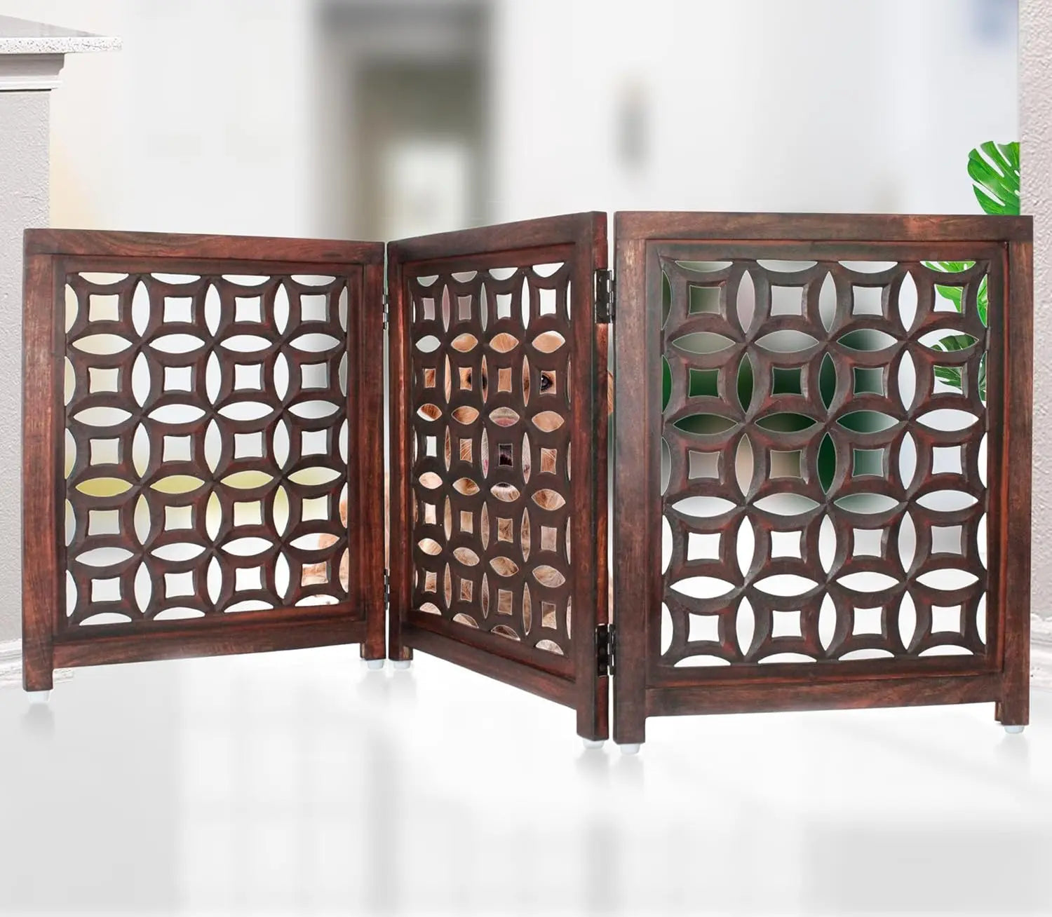 Foldable Wooden Pet Gate - 3 Panels, 20"Wx24"H, Solid Wood & MDF, Antique Brown, Fully Assembled for Indoor Use