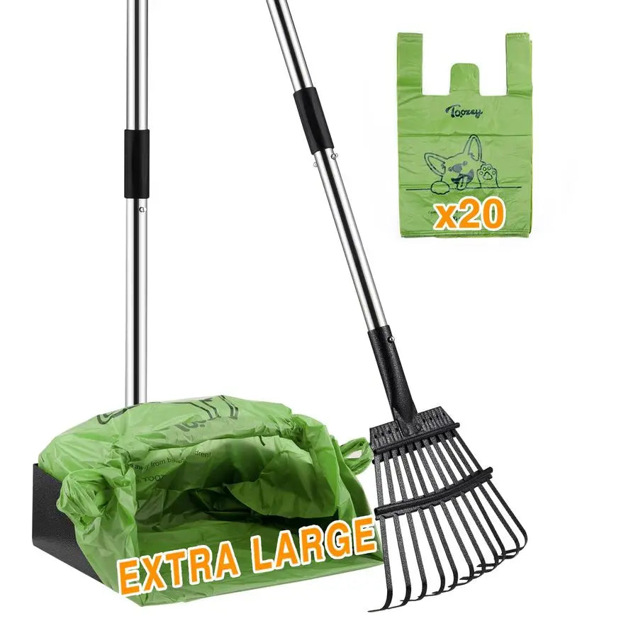 Dog Pooper Scooper with Extra Large Stainless Metal Poop Tray, Long Handle Rake Scoop for Easy Waste Cleanup