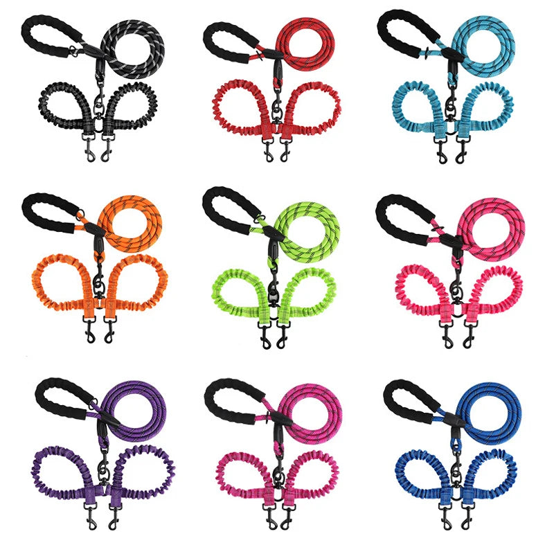Pet Dog Double Leashes Elastic Rope Two Heads Nylon Two Dogs Collars Harness Leads.