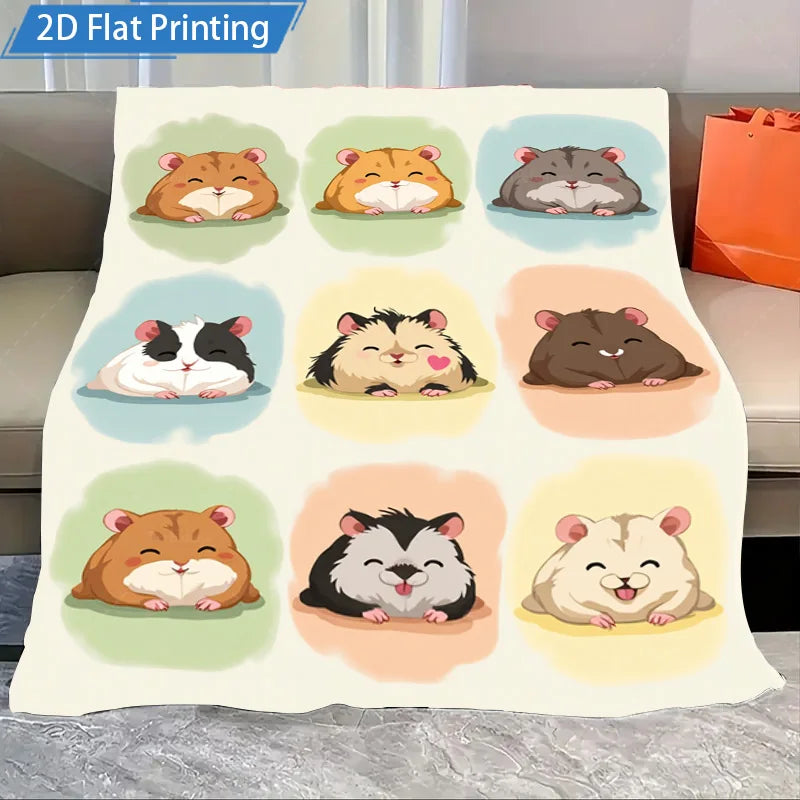 1pc Flannel Blanket with Cute Hamster Print Fleece Blanket. Soft Cozy Throw for Bed, Couch, Living Room or as a Gift