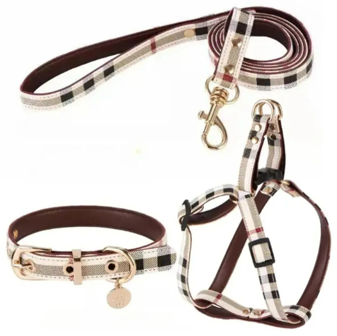 Vintage Plaid Lightweight Dog Three-Piece Collar Set for Small and Medium Dogs and Puppys