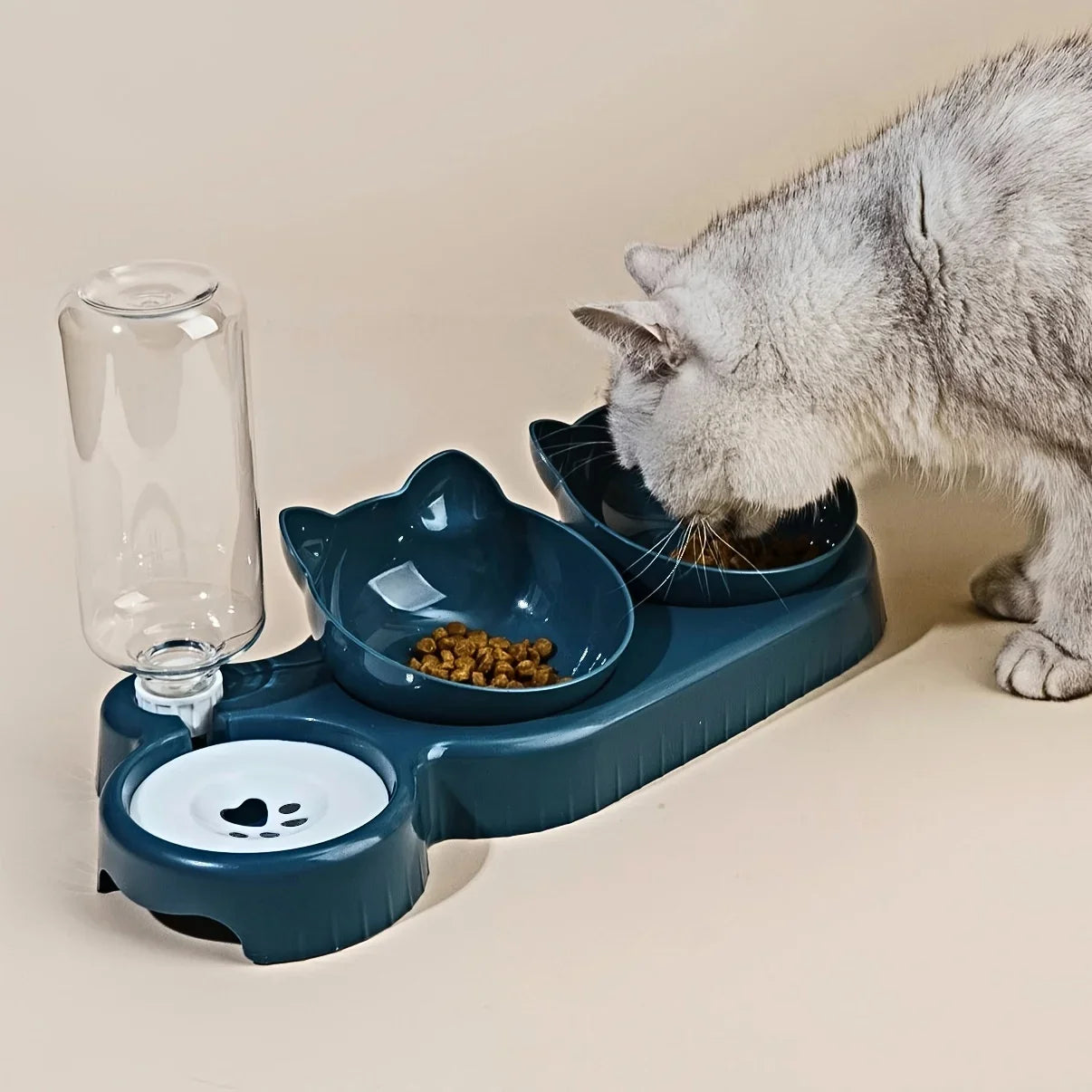 3 In 1 Ear Design Tilted Cat Water And Food Bowl Set With Gravity Water Bottle For Neck Protection