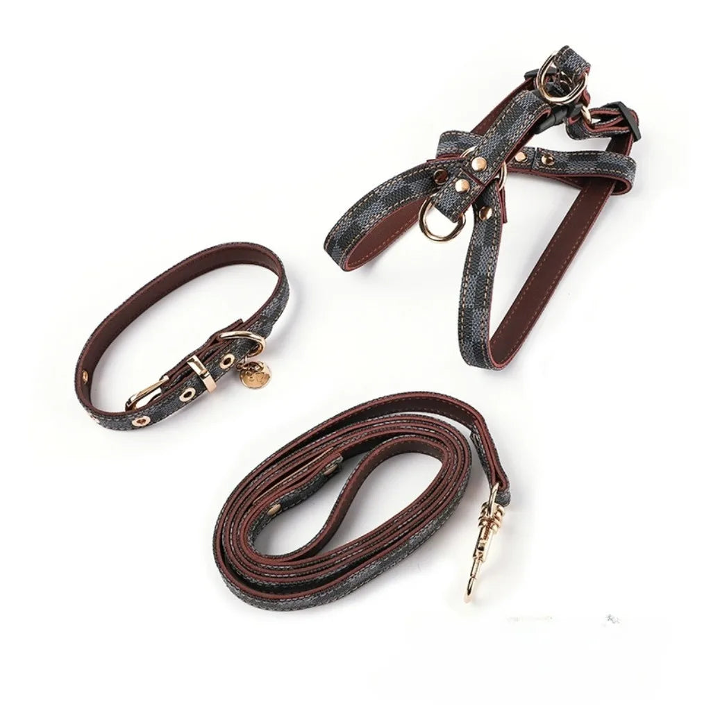 Vintage Plaid Lightweight Dog Three-Piece Collar Set for Small and Medium Dogs and Puppys
