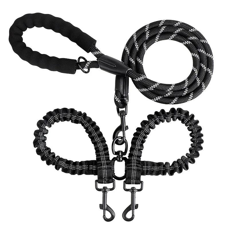 Pet Dog Double Leashes Elastic Rope Two Heads Nylon Two Dogs Collars Harness Leads.