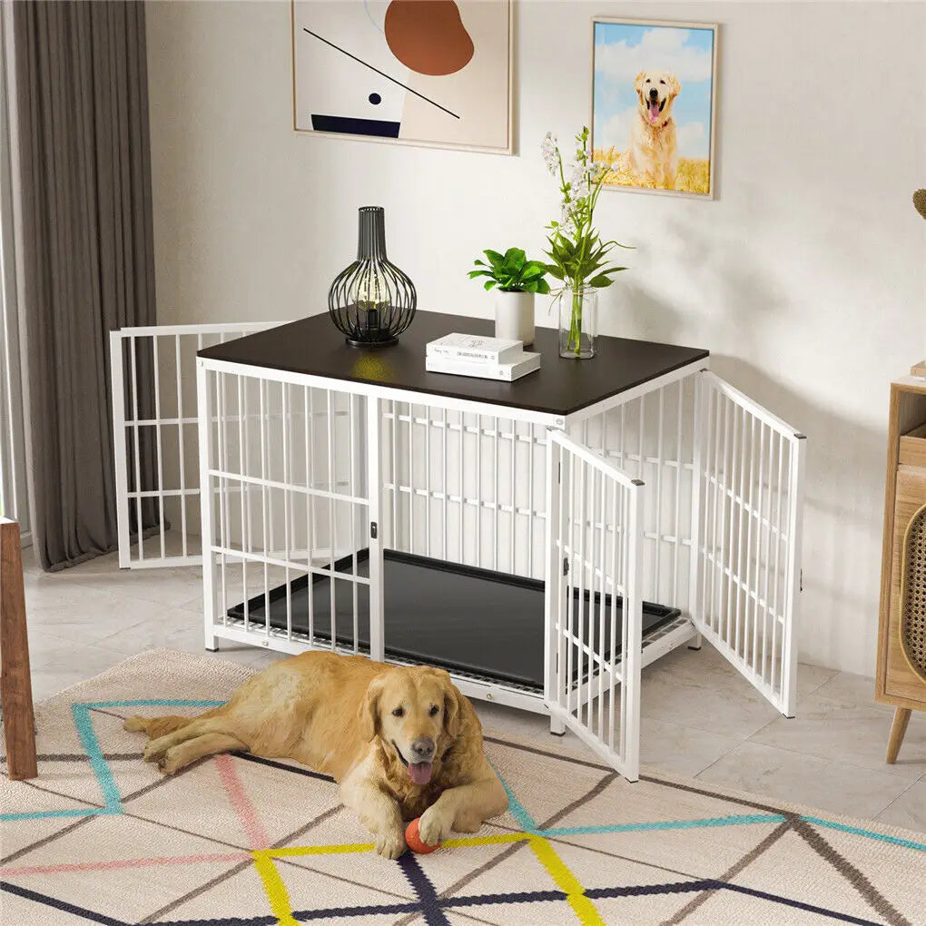 Heavy Duty Metal Wooden Dog Crate End Table with Three Doors and Removable Tray