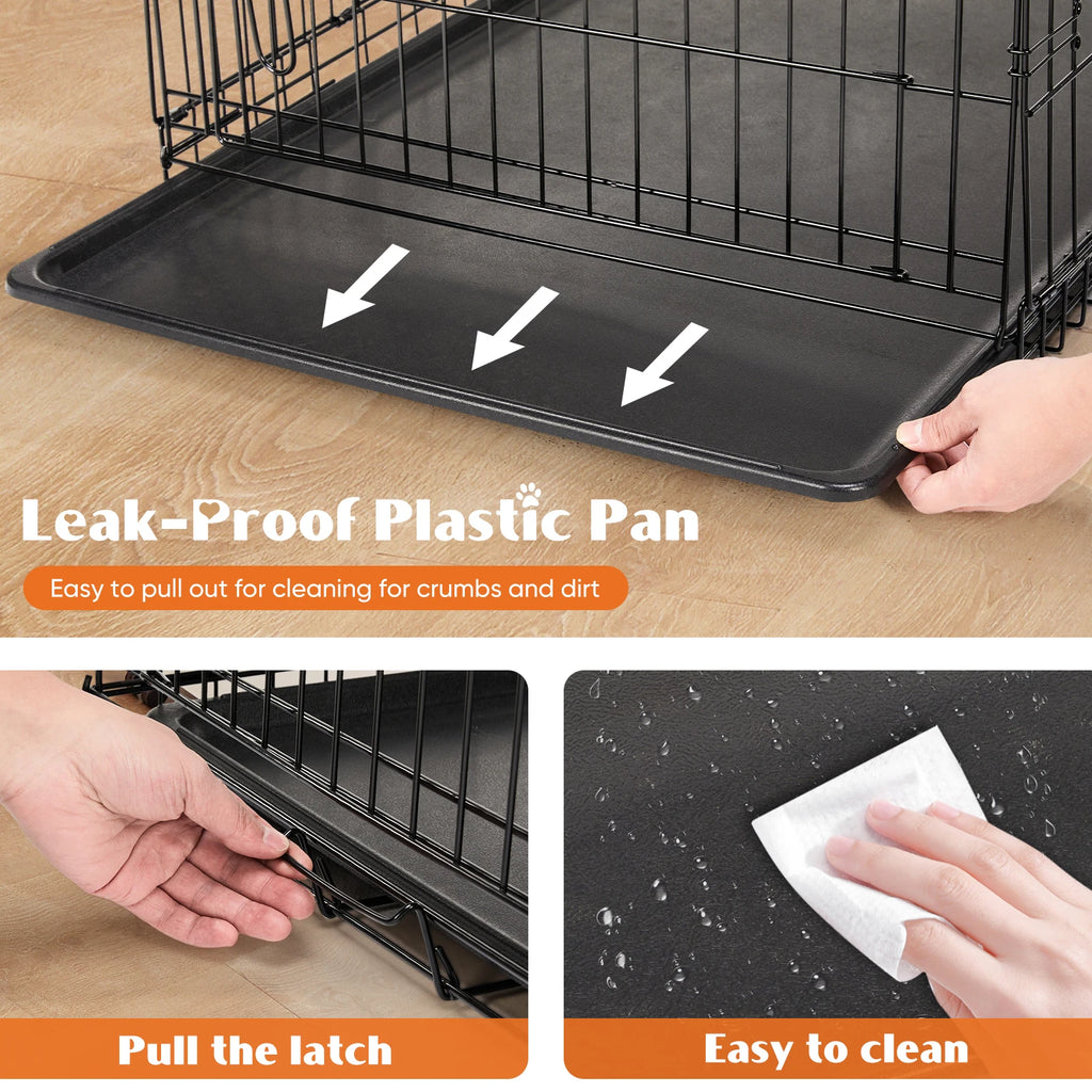48 Inch Double Door Folding Metal Wire Dog Cage with Plastic Leak-Proof Pan