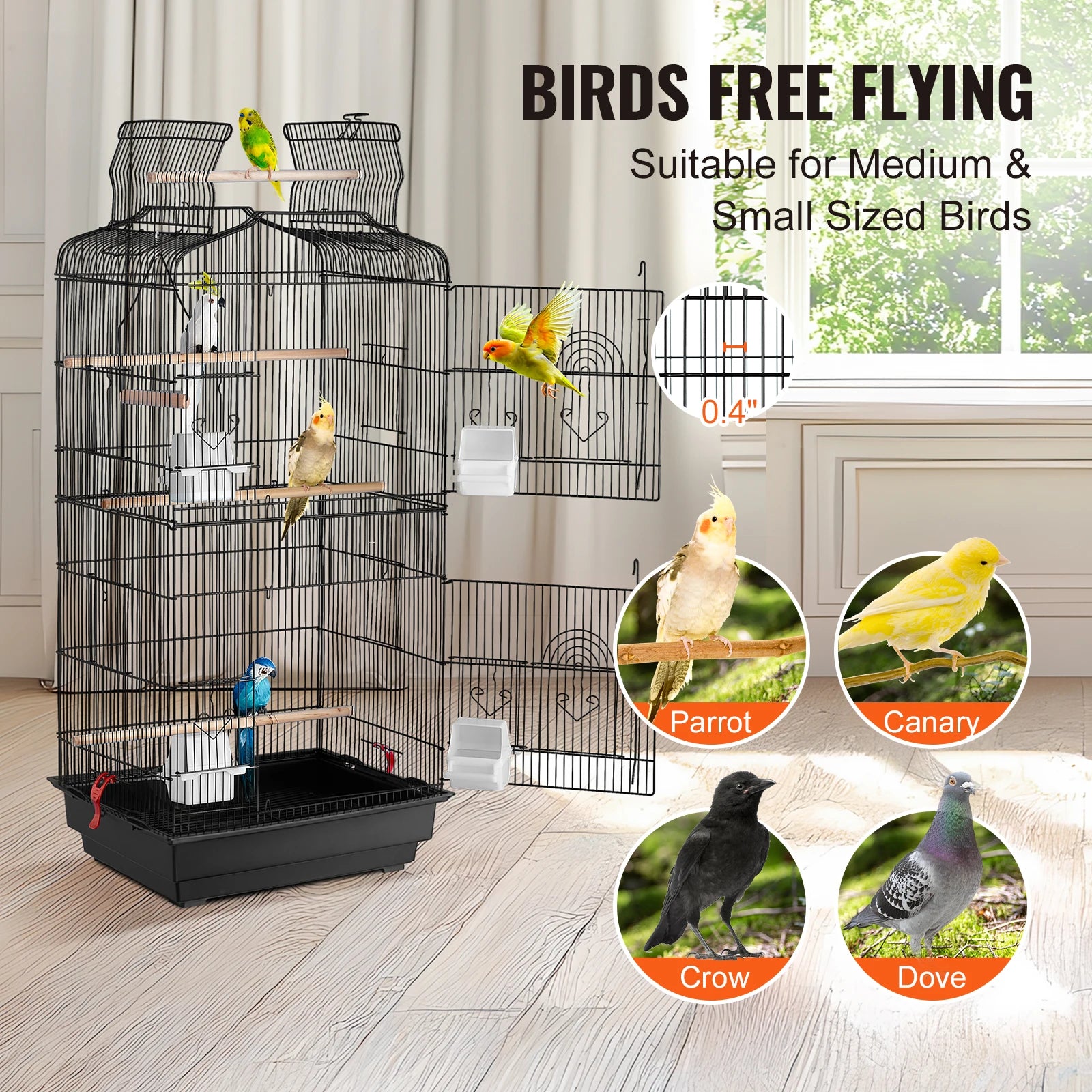 Open Top Large Bird Cage with Swing and Perch