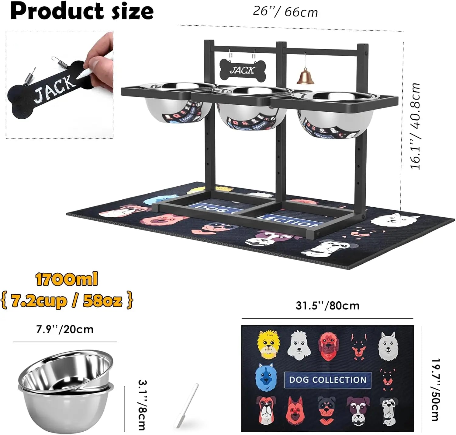 Adjustable Elevated Dog Bowl Stand with Mat for Medium/Large Dogs, 6 Heights