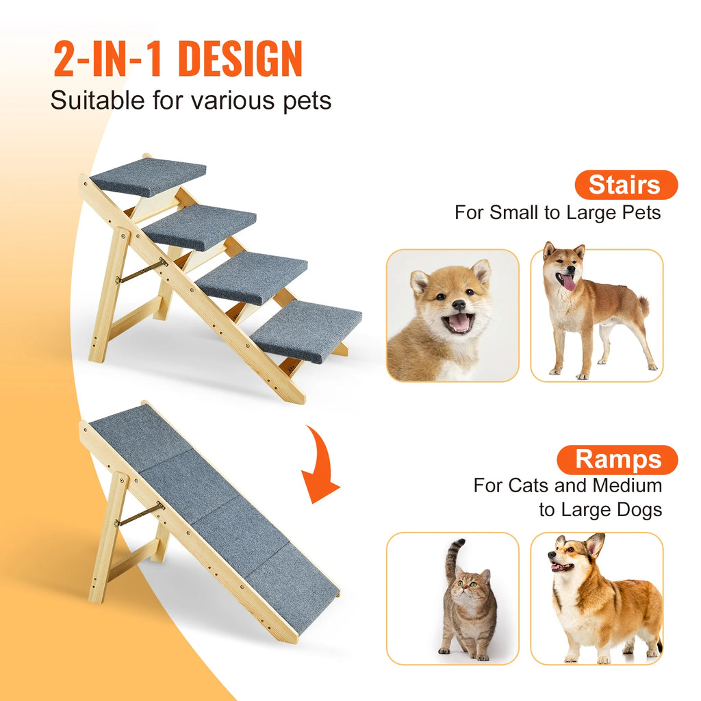 Wooden Pet Steps and Ramp Combo. 2-in-1 Design. Foldable Access for Beds. Steps Structure for Pets of Small to Large Size