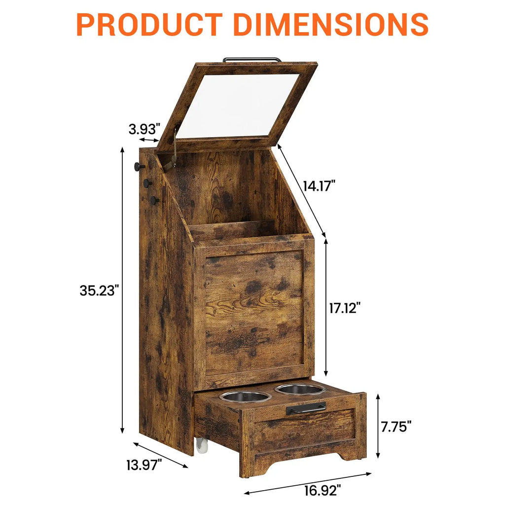 Large Dog Food Storage Cabinet with Flip Top - Pet Feeding Station & Organizer w/Transparent Lid, Side Hooks for Leashes