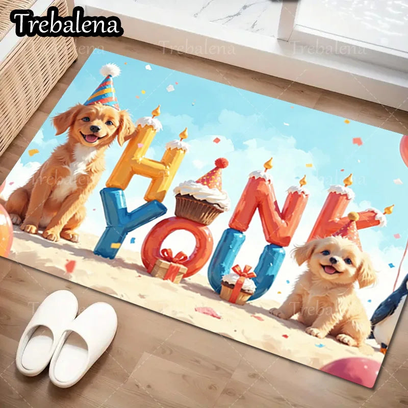 1pc Welcome Door Mat with avCute Puppy Birthday Party. Decorative Floor Mat for Home Entrance