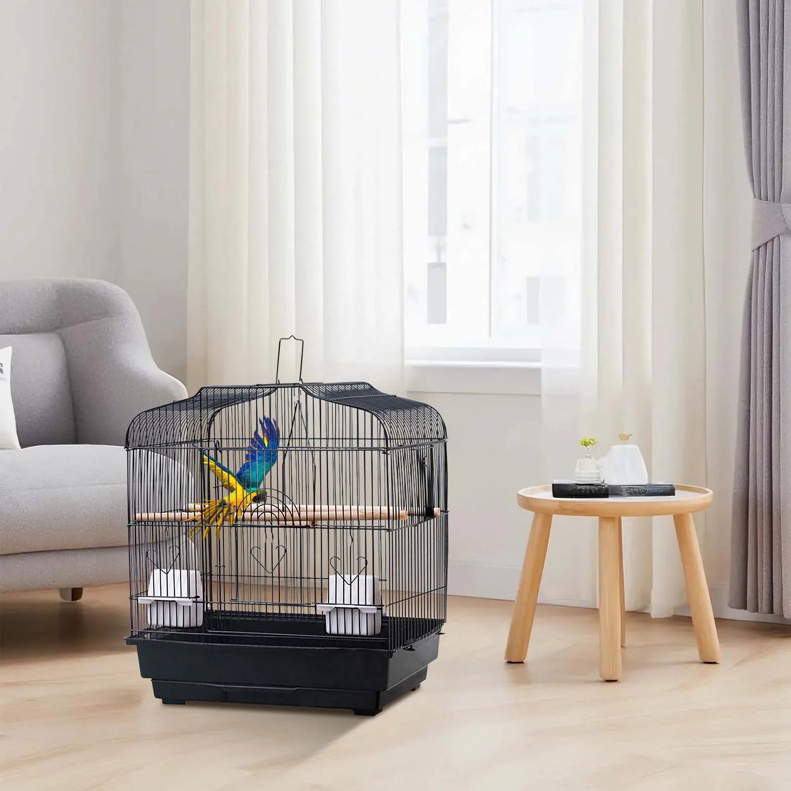 Bird Cage With Handle, Standing Pole, Food Container and Swing