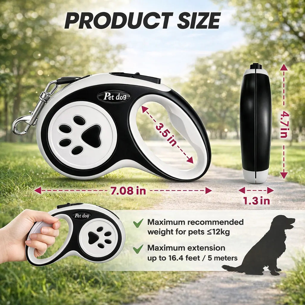 Retractable Dog Leash with 360° Tangle-Free Design, 16 ft Durable Nylon Tape, One-Handed Brake, Pause & Lock, Black