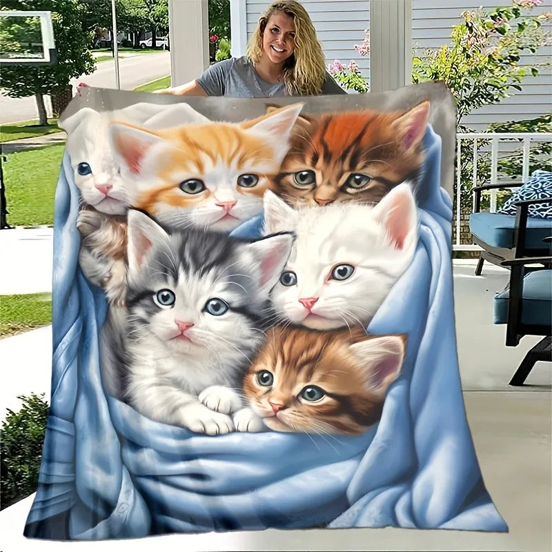 Cozy Kitten Flannel Blanket - Soft Throw with Cute Cat Print Home Decor Blanket