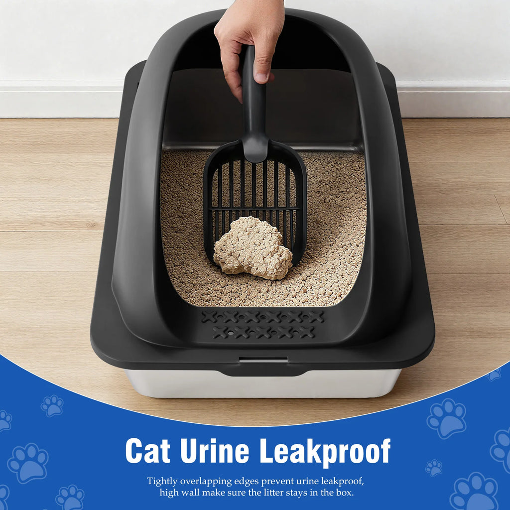 Stainless 24IN Steel Cat Litter Box with Lid. Anti-Urine Leakage, Scoop and Mat Included