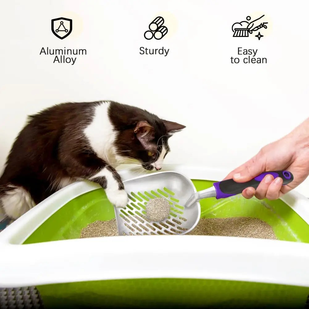 Metal Cat Litter Scoop with Long Handle, Mesh Design for Easy Sifting, Purple Color