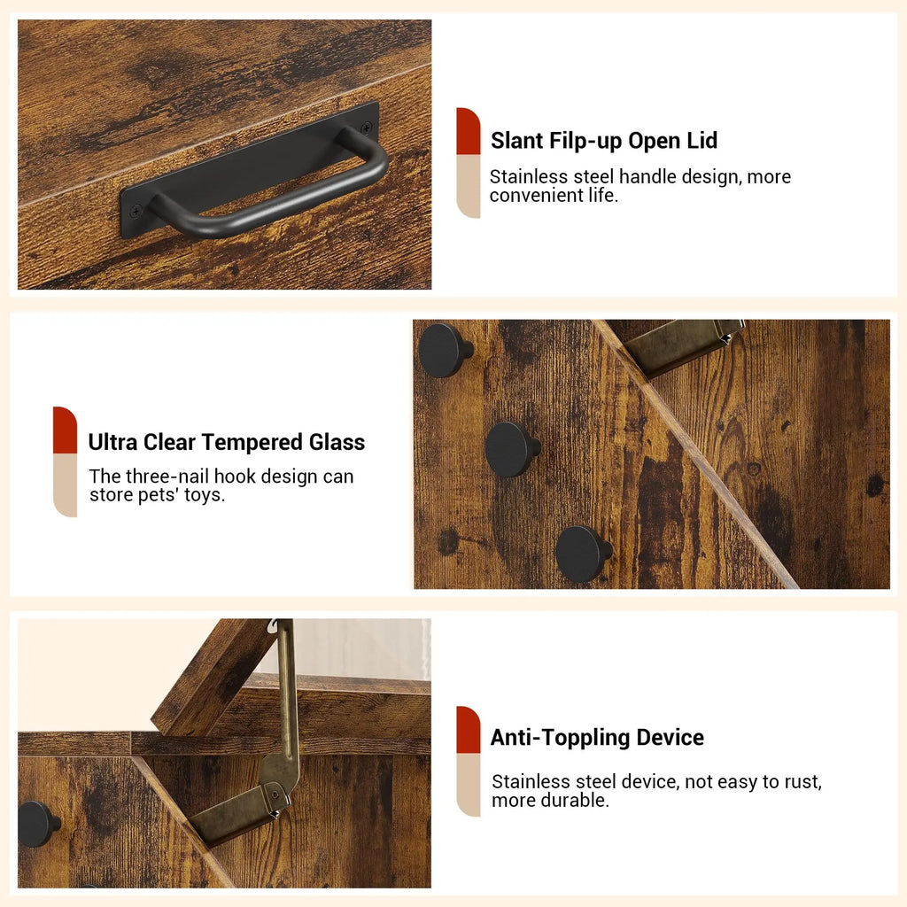 Large Dog Food Storage Cabinet with Flip Top - Pet Feeding Station & Organizer w/Transparent Lid, Side Hooks for Leashes