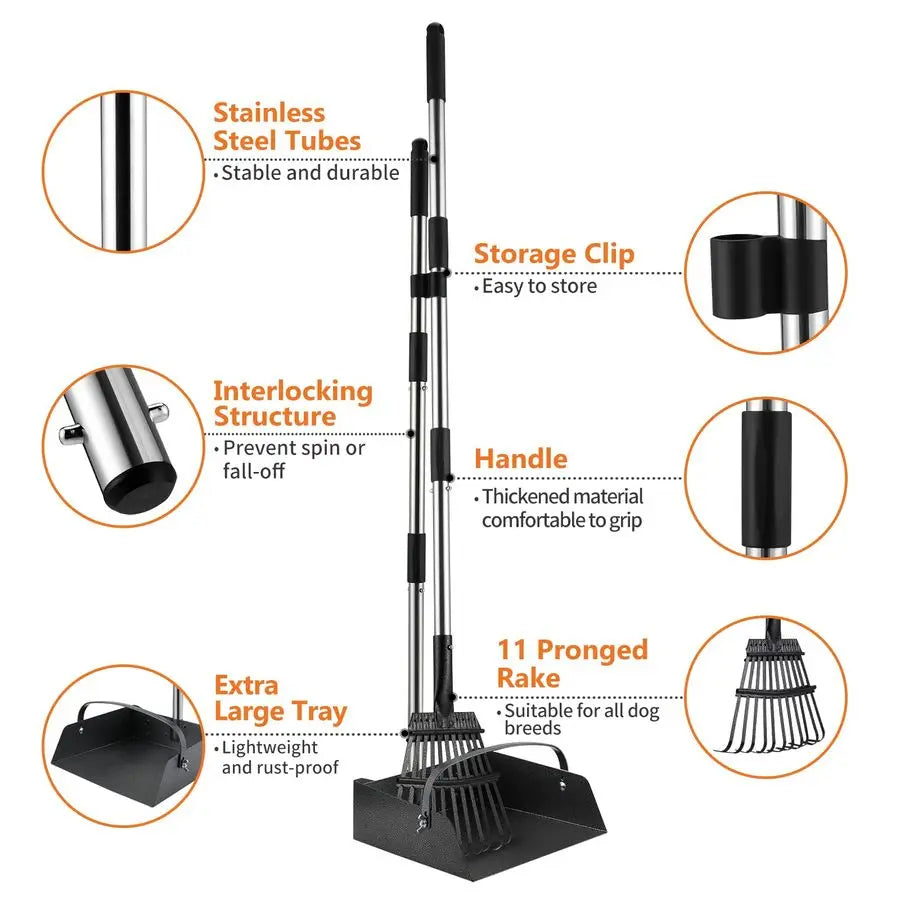Dog Pooper Scooper with Extra Large Stainless Metal Poop Tray, Long Handle Rake Scoop for Easy Waste Cleanup