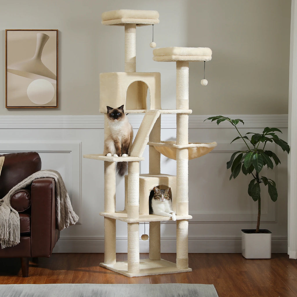 Large Tall Cat Tree for Indoor Cats. Multi-Level Plush Cat Condo with Scratching Posts, Scratching Boards, Perches and Caves