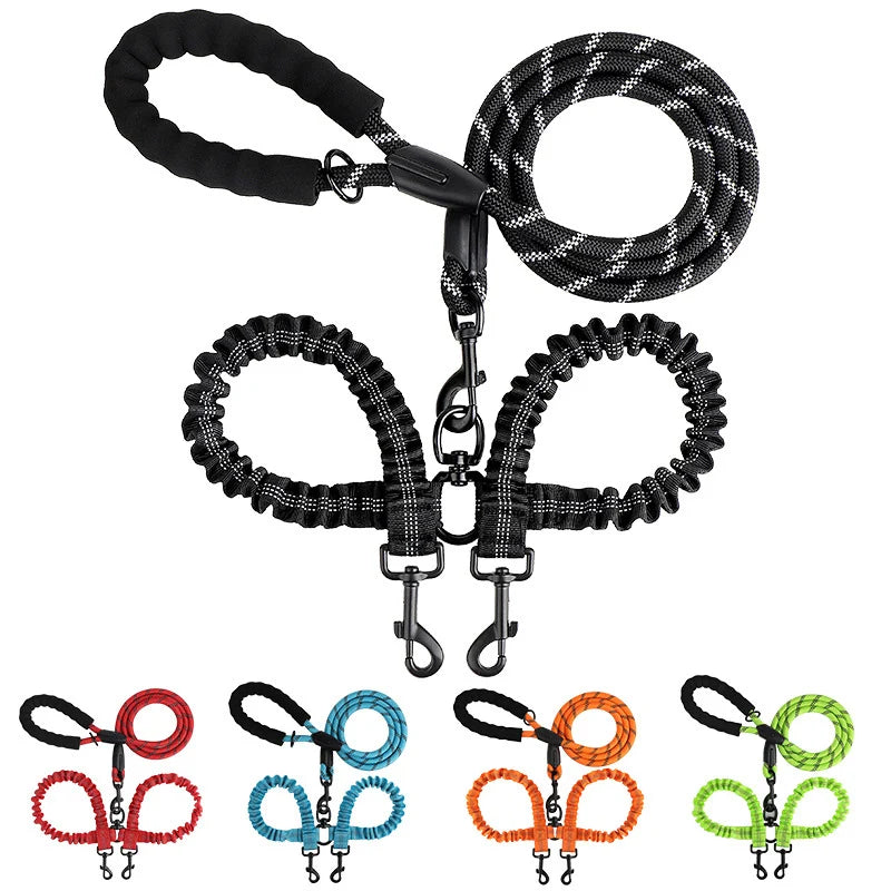 Pet Dog Double Leashes Elastic Rope Two Heads Nylon Two Dogs Collars Harness Leads.