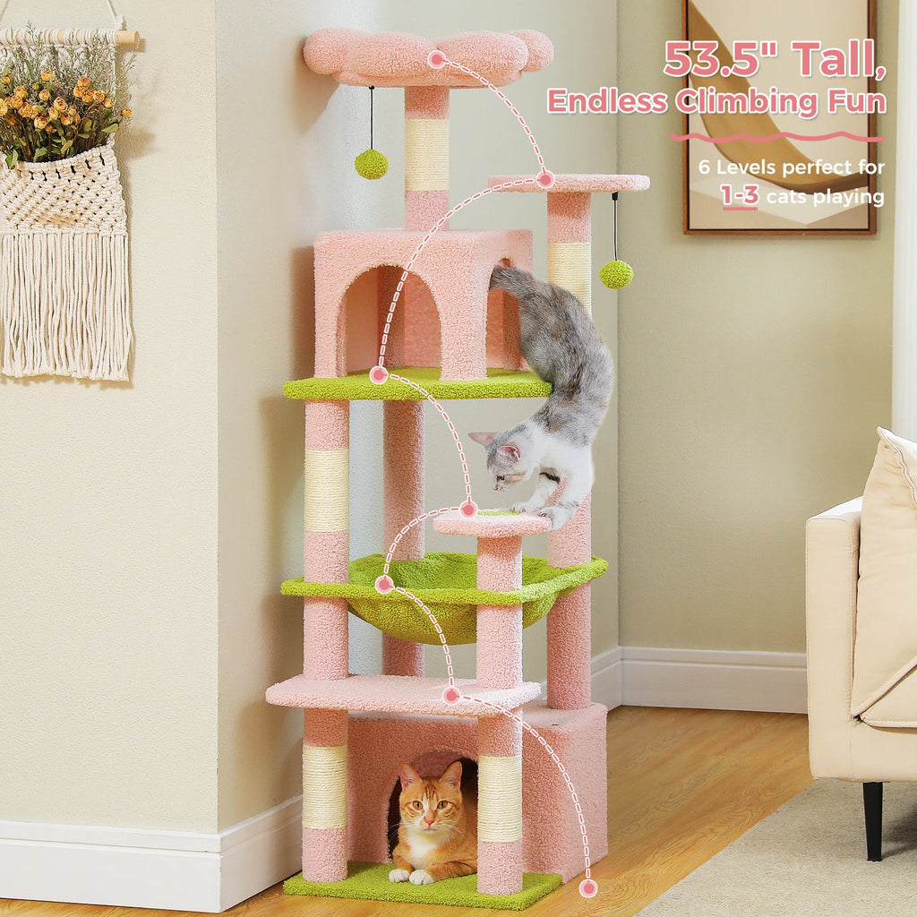 6-levels Cat Tree Tower with Joyful Pompom, Cozy Hammock, Double Condos, 2 Top Perches, 5 Scratching Posts. Perfect for Indoor Cats