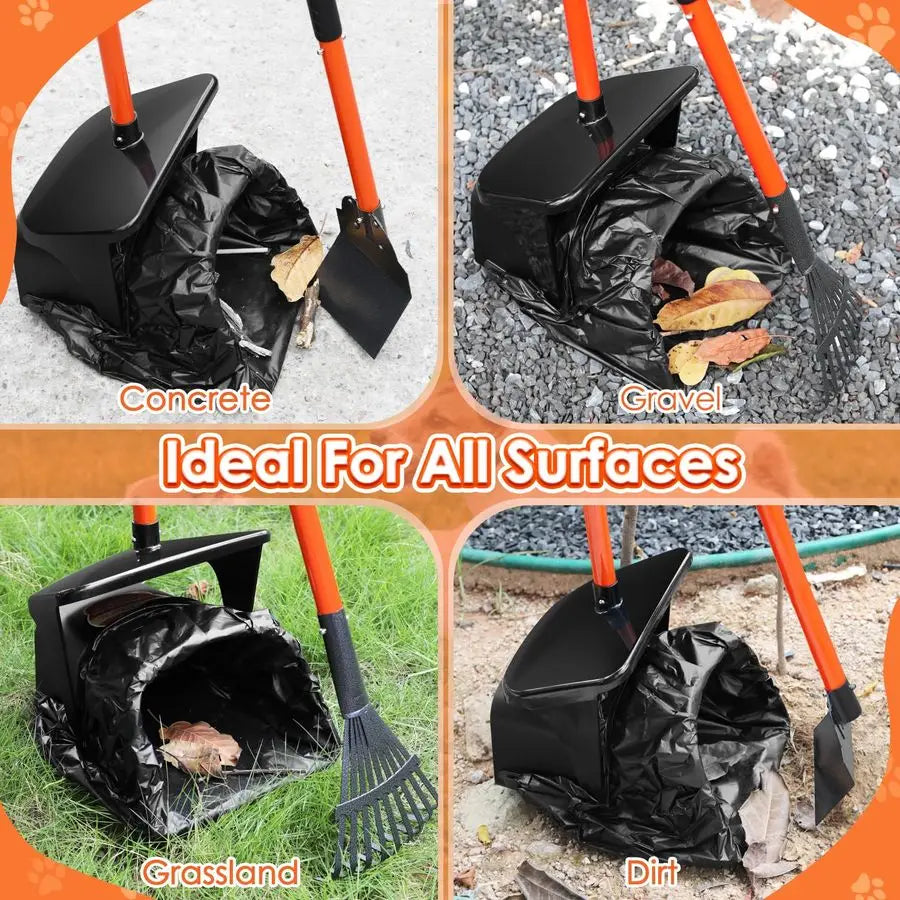 Dog Pooper Scooper with Adjustable Handle Metal Swivel Bin, Rake and Spade Kit with 20 Waste Bags