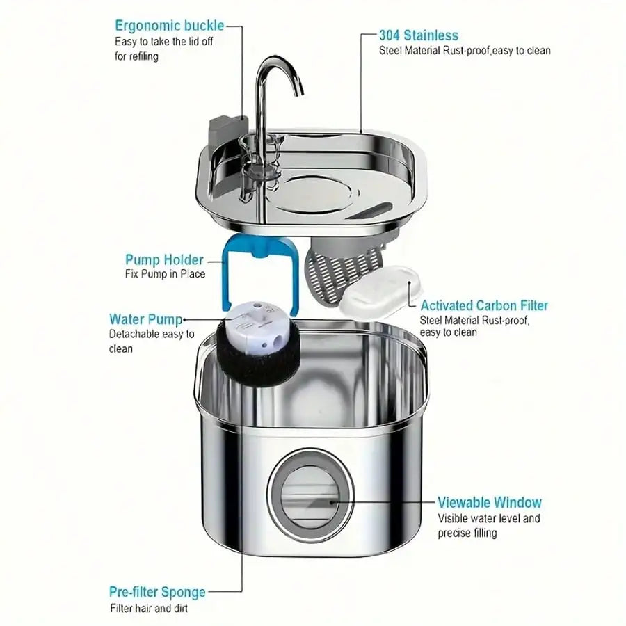 1pc 108.2oz Stainless Steel Quiet Cat or Dog Water Fountain, USB-Powered