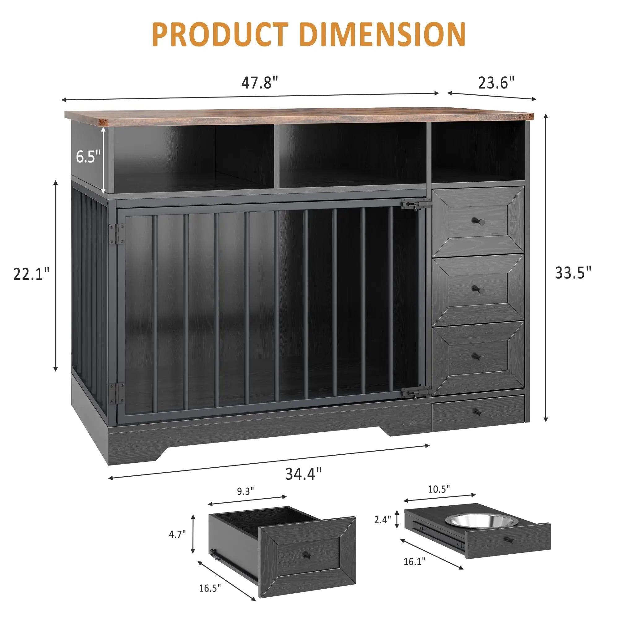 48 Inch Large Farmhouse Wooden Dog Crate Furniture With 6 Storage Drawers