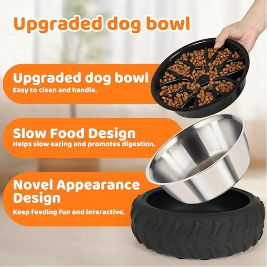 3-in-1 Stainless Steel Slow Feed Dog Bowl - Non-Slip Suction Cup Feeder